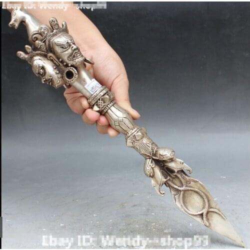 Decoration brass factory outlets Tibet Silver 15''Tibet Buddhism Silver Mahakala Buddha 3 Head Horse Dagger Holder Statue