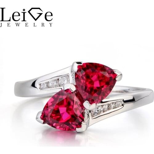 Leige Jewelry Wedding Ring Ruby Ring July Birthstone Trillion Cut Red Gemstone Genuine 925 Sterling Silver Ring Gifts for Girls