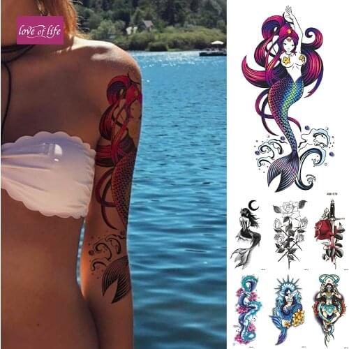 Waterproof Temporary Tattoo Sticker Old School Mermaid Flash Rose Tattoos Body Art Arm Fake Tatoo Women Men