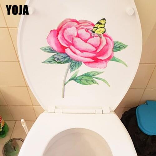 YOJA 21.4X19.5CM Red Rose Flower Branch Butterfly Classical Art Wall Stickers Mural Creative Toilet WC Decor T1-1364