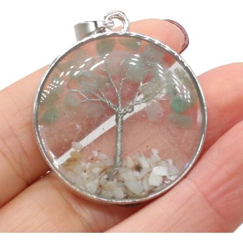 Green Aventurine Natural Stone Round Transparent Tree of Life Pendant for Jewelry Making DIY Accessories Fit Necklace Earrings