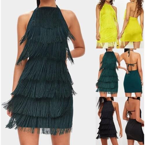 Womens Dresses Womens Backless Strap Tassel Wavy Spaghetti Strap Cami Dress summer clothes for women vestidos de verano