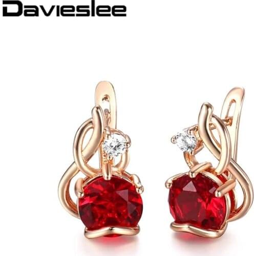 Davieslee Red Stone Studs Earrings for Women Girls 585 Rose Gold Filled Stone Fire Shaped Inlay Clear Cubic Zirconia DGE268