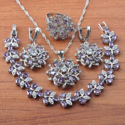 Elegant Purple Cubic Zirconia Jewelry Sets Wedding Jewelry For Women Silver Color Pendant Necklace Ring Earrings Bracelet JS0604