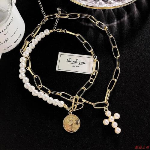 Goth Pearl Cross Pendant Double Layer Necklaces for Women Крест Kолье Portrait Coin Accessories Jewelry Splice Clavicle Chain