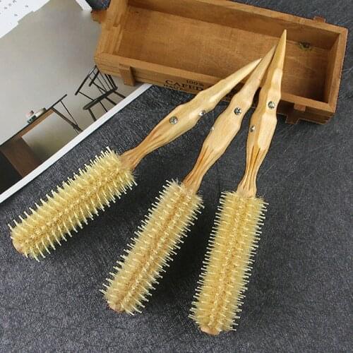 1pc Natural Boar Bristle Round Brush Groove Design Handle Hair Rolling Brush For Hair Drying Styling
