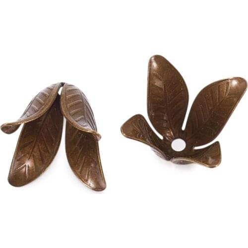 5Pcs Antique Bronze Color 4-Petal Brass Flower Bead Caps 17x22mm Hole: 2.5mm