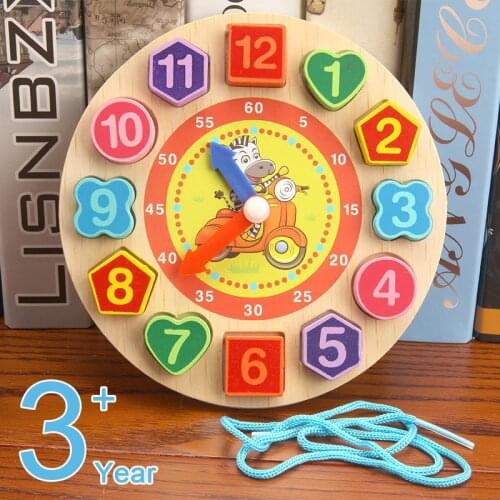 Kids Wooden Puzzle Toys Tangram Cognitive Digital Clock Wood Watch Jigsaw Education Cartoon Threading Assembly Montessori Toys