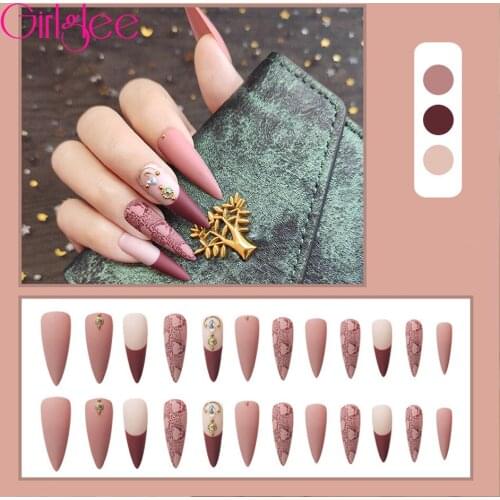 Long False Nails With Design 24pcs Fake Nails Full Cover Nail Tips Leopard Print Ombre Glitter Detachable Finished Fingernails