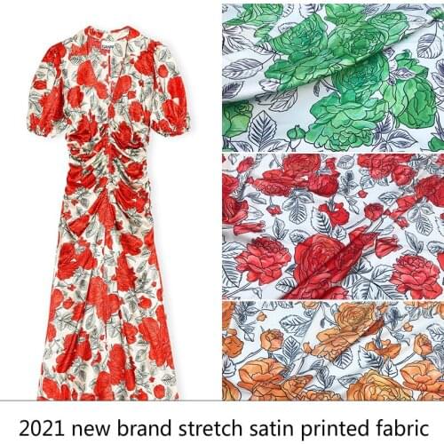 Peony Printed 100% Polyester Stretch Satin Fabric Customized Soft Shirt Womens Brand Fashion Cloth for Dress Fabrics Per Meter