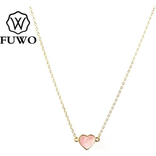 FUWO Natural Pink Shell Heart Necklaces With Gold Trimmed Edge High Quality Brass Chain Seashell Jewelry Gift Wholesale NC513