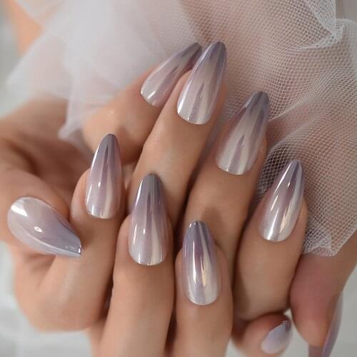 Gray Fadeing Glossy Press On Nails Almond Sharp Medium-Long Simple Design Gels Nails Supplies Full Cover Fingernails Wholesale