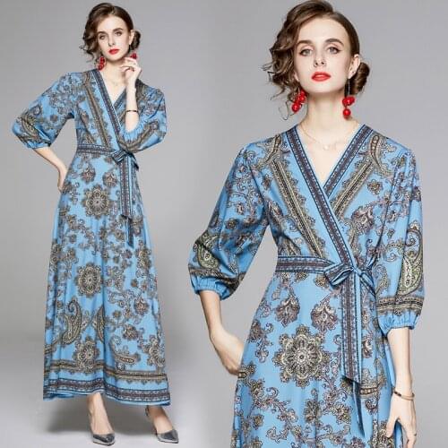 Blue Dress 2020 3/4 Puff Sleeve Elegant Fashion Sexy V Neck Sashes Tunic Slim Party Dresses Women Evening 2020 Vestido De Mujer