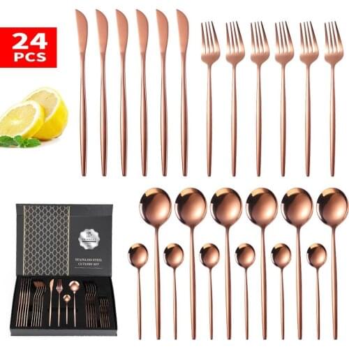 Hot sale 24pcs rose gold gift box Crafts bright Portuguese style stainless steel table knife Coffee Spoon tableware set cutlery