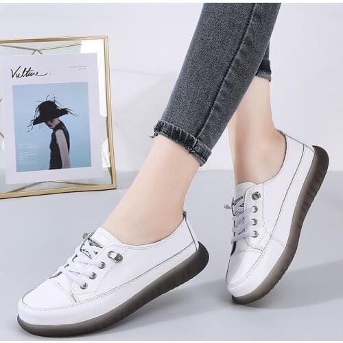 Sport Shoes Women Natural Genuine Leather Flat Casual Shoes Female Ballet Flats Lace Up White Court Sneakers Ladies Flats