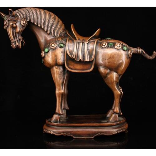 11"Nepal temple collection Old Bronze mosaic Gem Tangma Lucky Horse Statue War horse Ornaments Town House Exorcism