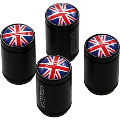 HAUSNN 4Pcs/Set England Flag Logo Black Aluminum Alloy Polish Car Wheel Tire Valve Caps Auto Tyre Air Stem Cap For MINI Jaguar