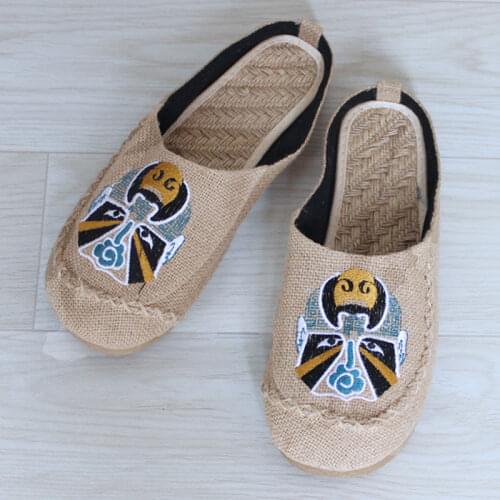 Mens Handmade Linen Slippers Comfortable Breathable Kungfu Exercise Non-Slip Unisex Shoes Loafers Opera Mask Embroid Retro Flats