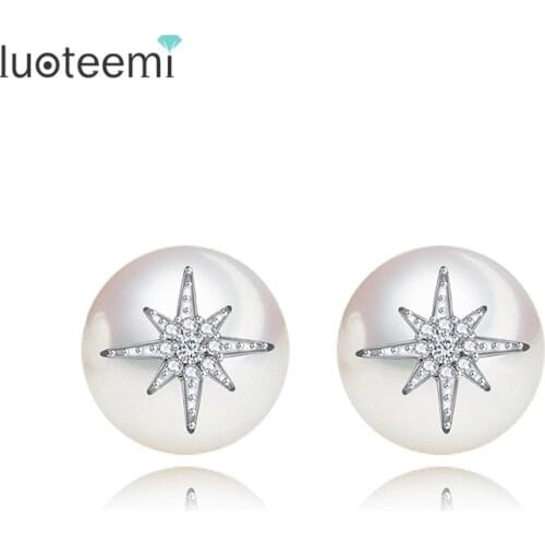 LUOTEEMI New Elegant Simple Fashion Two Stars Caught a Imitation Pearl Stud Earrings CZ Brincos for Women Party Jewelry Gift
