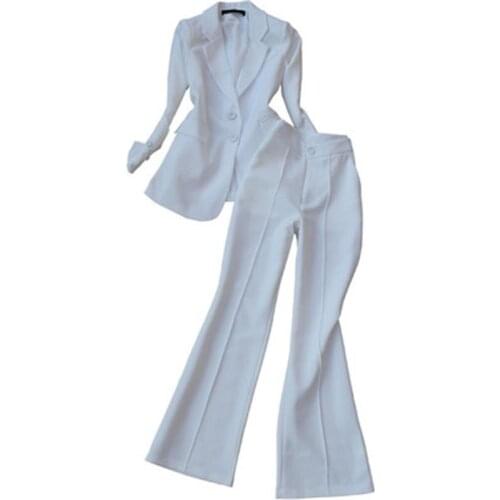 Fashionable white suit suit female spring New womens dress professional suit + high waist flared pants casual two piece set