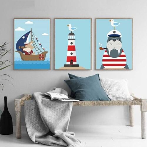 Cartoon Sailboat Sailor Canvas Poster And Prints For Kids Bedroom Modern Wall Painting Modular Blue Picture Art Mural Wall Decor