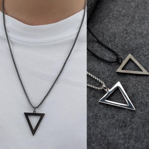 Simple Black Geometric Triangle Pendant Mens Necklaces Stainless Steel Punk Neck Male Jewelry with 24 Inch Chain