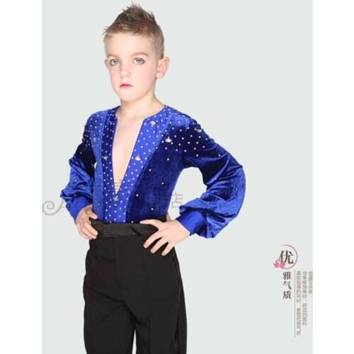 1 piece mens Latin Dance top Spandex Boys Ballroom Dance shirt v neck Sequins long sleeve