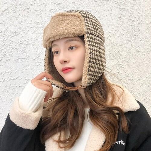 New Winter Warm Fleece Women Hounds Tooth Figure Folding Ear Protect Windproof Thick Men Out Riding Skiing Bomber Ushanka Hat