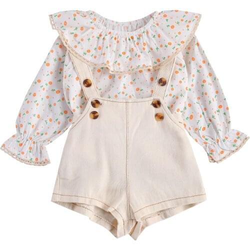 New Childrens Two Piece Set Girls Ruffled Crew Neck Sleeve Flower Leaf Shirt Printing Solid Button Overalls Suits