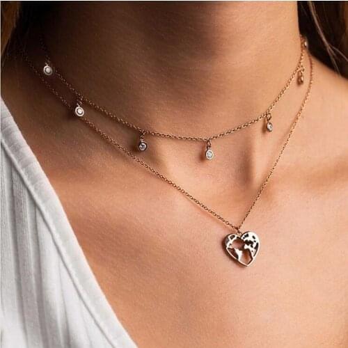 Mavis Hare Stainless Steel new Heart Shaped World Necklace and Multi-Crystal Nani Choker Chain Necklace as Valentines Day Gift