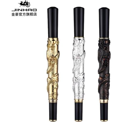JINHAO Brand Noble Golden 0.5MM Nib High Quality Fountain Pen Dragon Pattern Carved Office Supplies Pen ,Gift Box Option