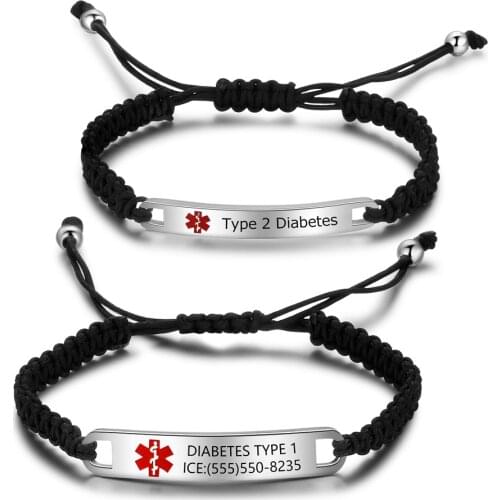 Personalized Braid Rope Medical Alert ID Bracelets For Men Women Adjustable Engraving Tag Bracelets & Bangles Unisex Jewelry