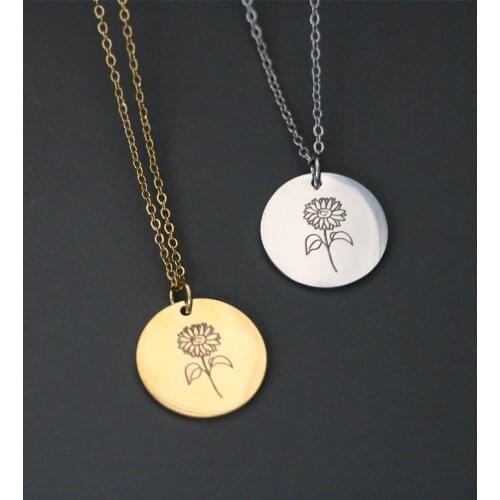Simple Stainless Steel Sunflower Carved Pendant Necklaces for Women Cute Gold Color Chain Glossy Flower Round Tag Choker Jewelry
