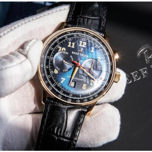 Reef Tiger/RT Classic Business Men Watches Date Waterproof Watches Rose Gold Automatic Watches Bule Leather Strap RGA9122
