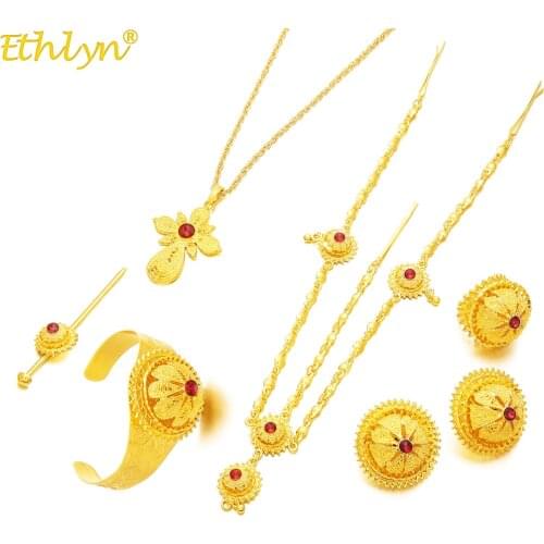 Ethlyn Jewelry Dubai Gold Color Luxury Ethiopian Eritrean Red Stone Cross Pendant Wedding Jewelry Sets Habesha Gifts S209
