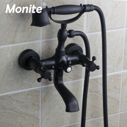 Luxury Matte Black Dual Handles 2 Functions with Rainfall Brass Hand Shower Wall Mounted Shower Faucet Set Bathtub Mixer Faucet