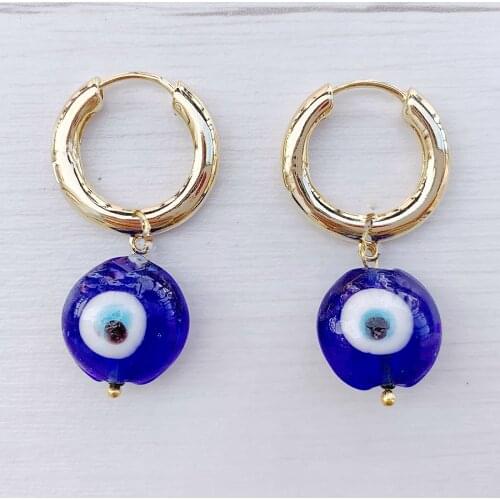 2021 wholesale luckly high quality stainless steel hoop chunky gold plated earrings lampwork murano evil eye beads dangle drop