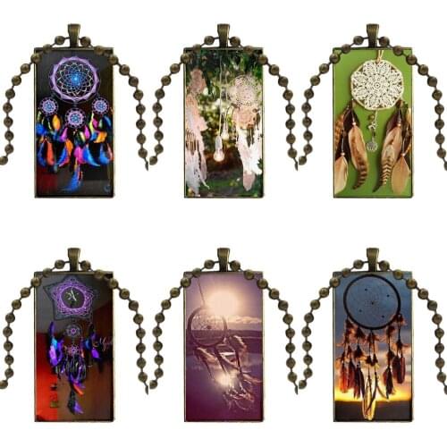 Light Dream Catcher For Women Girl Gift Glass Cabochon Choker Pendant Rectangle Necklace Bronze Color Jewelry