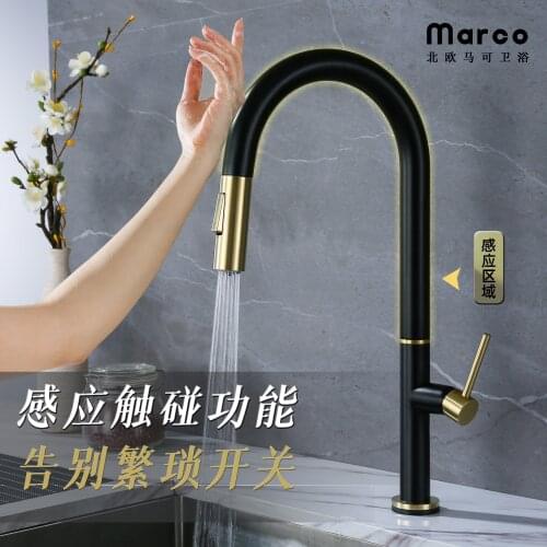 Kitchen pull-out hot and cold faucet smart touch sensor telescopic sink sink full copper faucet black gold