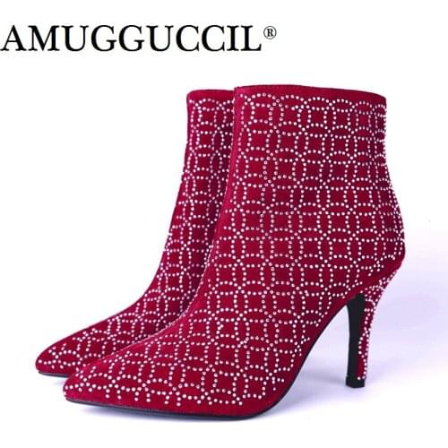 2021 New Real Leather Plus Big Size 33-43 Black Red Crystal Zip High Heel Spring Autumn Females Ladies Ankle Women Boots X1772