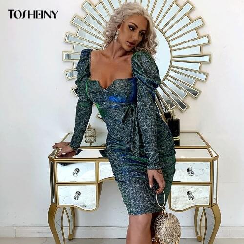 Tosheiny Women Sexy Bodycon Dresses Fashion Sequin Glitter Puff Long Sleeve Mini Party Club Pencil Dress M0435