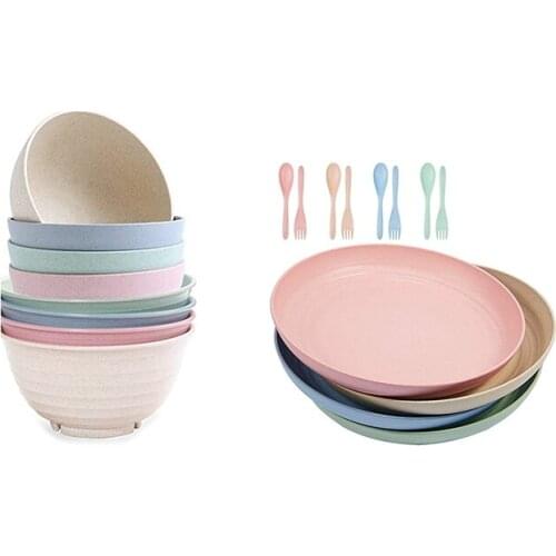 8Pcs Mixed Size Cereal Wheat Straw Fiber Lightweight Bowl Sets With 4Pcs Wheat Straw Plates,10In Family Dinner Plates