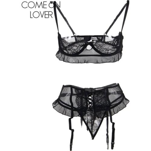 Comeonlover Lenceria Erotica Jartiyer Sexy Set Exotic Nightwear Black Lace 3 Piece Open Crotch Plus Sexy Bra Open Cup RI80512