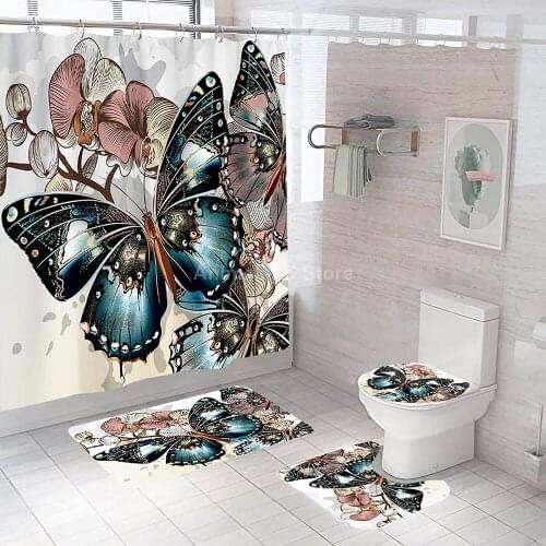 Blue Butterfly Shower Curtain With Non Slip Rug Mat Bathroom Curtain Waterproof Polyester Bathroom Curtain with Hooks Fashion