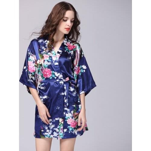 2018 New Silk Kimono Robe Bathrobe Women Silk Bridesmaid Robes Sexy Navy Blue Robes Satin Robe Ladies Dressing Gowns