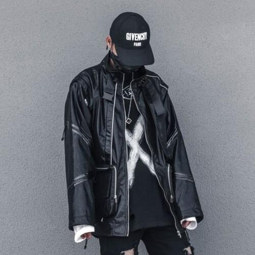 Tactical PU Leather Jacket Mens Hip-Hop Dark Reflective Multi-Pocket Casual Leather Jacket Men Harajuku Streetwear Rock Jackets