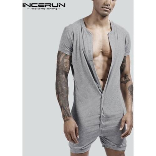 INCERUN Fashion Men Pajamas Rompers Homewear Short Sleeve Button Slim Sleepwear Jumpsuit 2021 Solid Mens Playsuit Pyjamas S-5XL