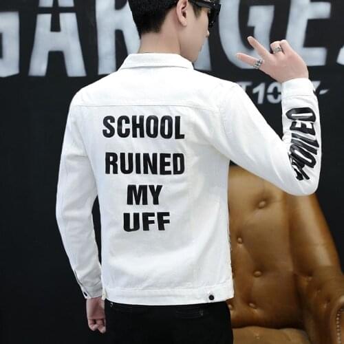 BANNAJI Harajuku Men`s Fashion Denim Jacket Printed Street Wear Stylish Slim Fit Letters Jeans Coat Outerwear Hipster
