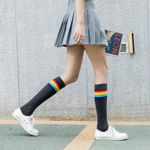 Rainbow Over The Knee Socks Winter Rainbow Stripes Wild Street Womens Socks Fashion Trend Girl Ladies