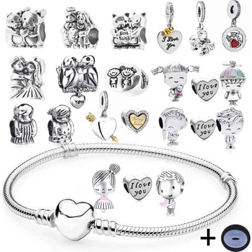 Valentines Day Series Boy & Girl Charms Bracelets With Silver Plated Beads Heart Chain Bracelet For Girlfriend Women Jewelry